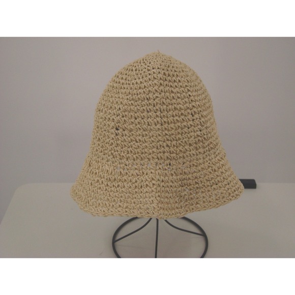 Accessories - Women's Beige Straw Bucket Hat Paper Crochet Sun Beach Summer Travel One Size